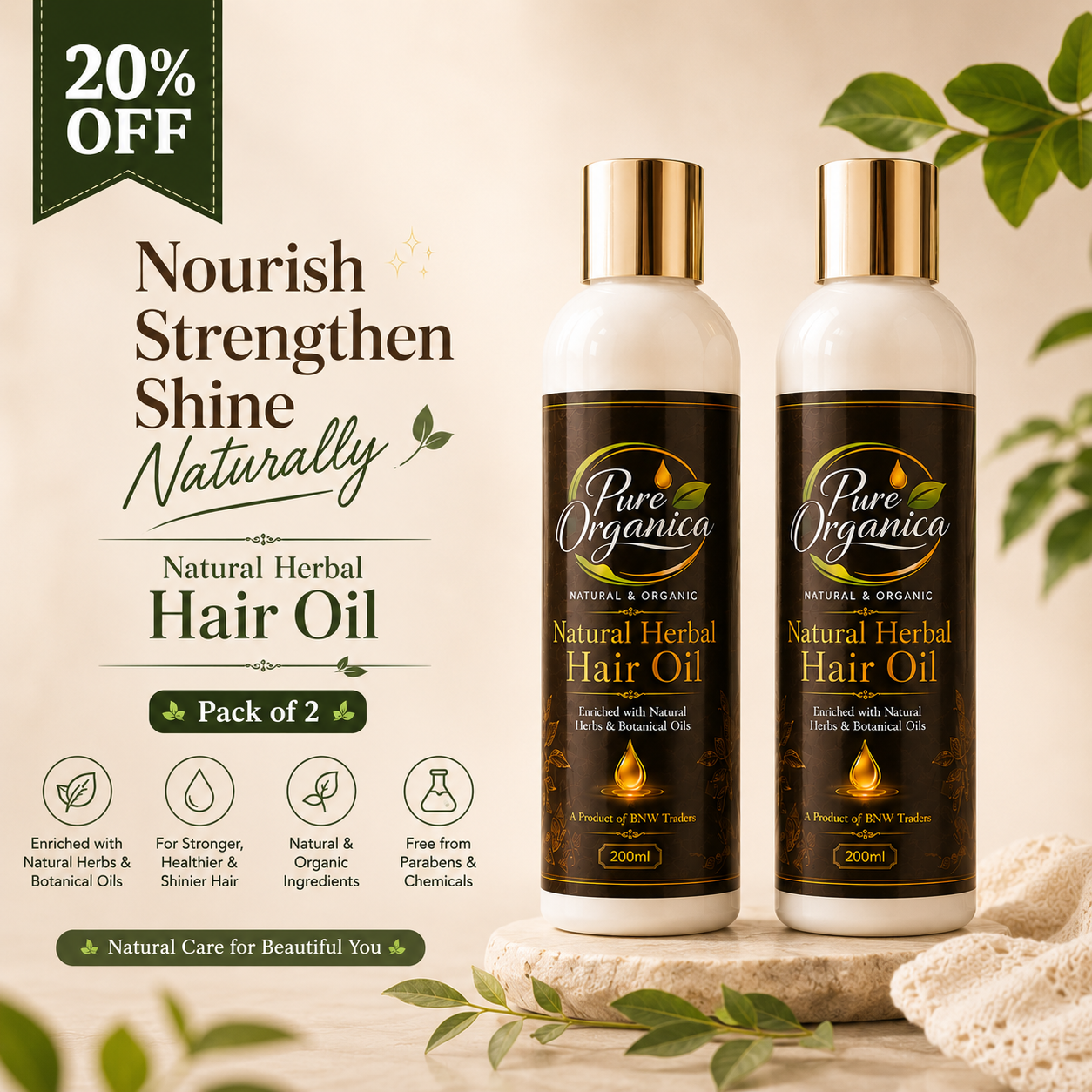 Pure Organica Natural Herbal Hair Oil (Pack of 2) – Rosemary, Amla & Hibiscus Hair Growth Oil | 20% OFF